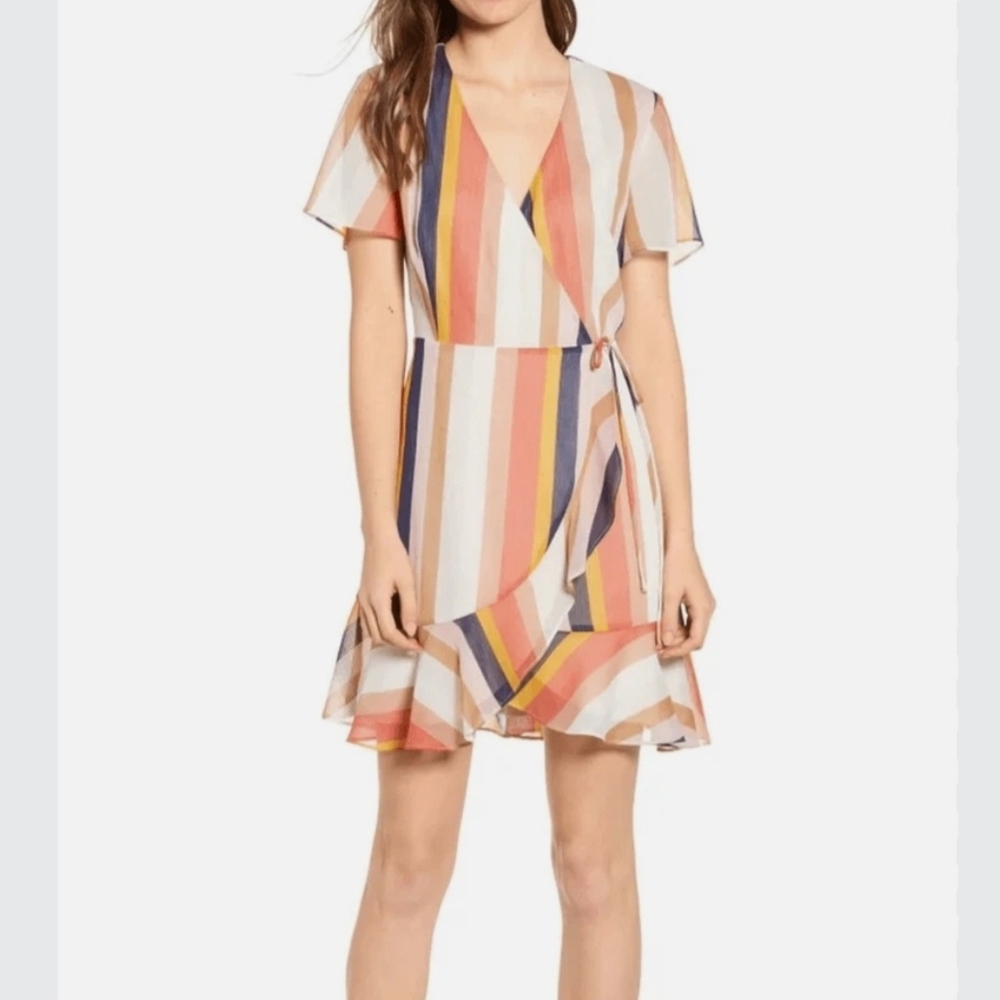 All in Favor 'Isabella' Colorful Vertical Striped Wrap Dress Womens Large